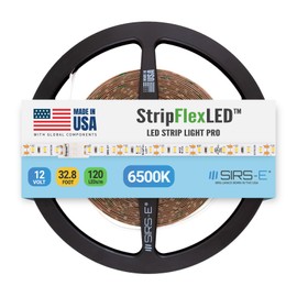 SIRS-E StripFlexLED White LED Strip Lights, 12V 120 LEDs/m 6500K Cool White, 32.8 ft. (10m), UL Listed, Made in USA, Professional-Grade Flexible Tape for Versatile Lighting