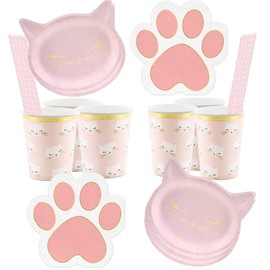 Libetui 56-Piece Tableware Set Cat Party Tableware Children's Birthday Cat Birthday Cat Party Birthday Children Adults Disposable Tableware for 12 People