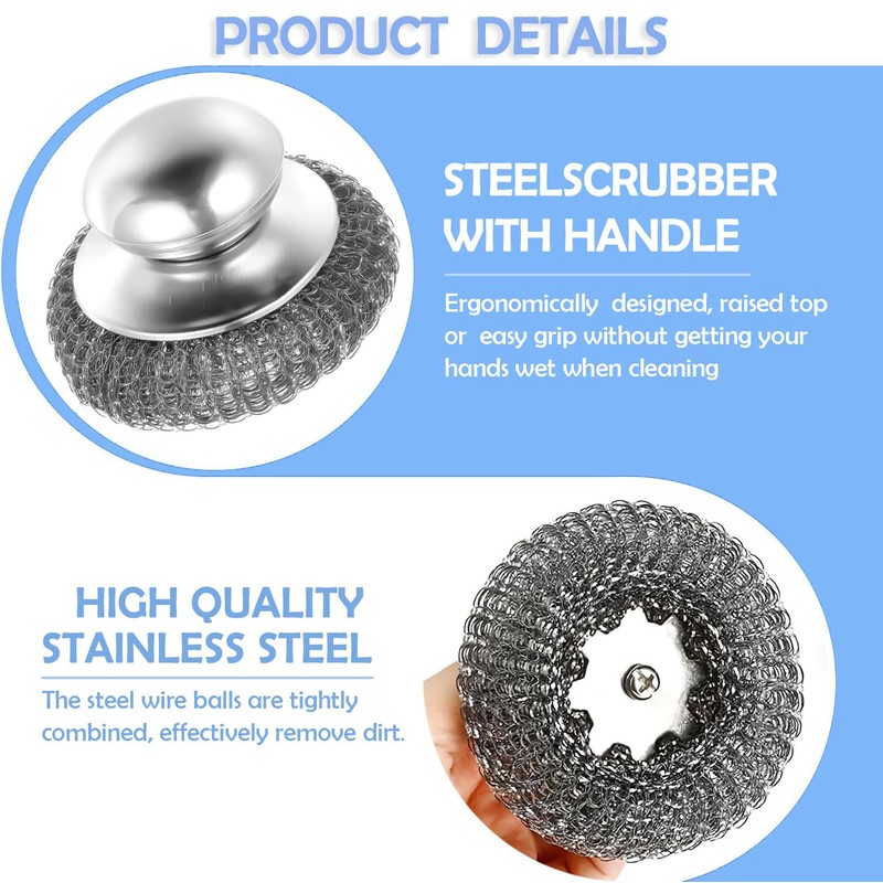 2Pack Stainless Steel Wool Scrubber with Handle, Scrubbing Scouring Brush