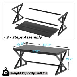 IBF Modern Black Computer Desk, Long Home Office Desk for Writing Study, Large Simple Wood Metal Work Desk in Bedroom, Big Industrial Pc Gaming Workstation Executive Computer Table, Black Oak, 60 Inch