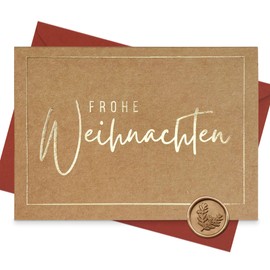 møij Set of 3 Christmas Cards Made of Kraft Paper with Hot Foil Embossing Gold - Includes Envelopes Bordeaux and Wax Seal - Lettering Merry Christmas