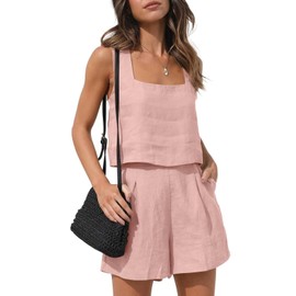 2 Piezas para Mujer Conjunto de Chándal Casual de Lino，Material de lino，Ocio traje de verano de playa
