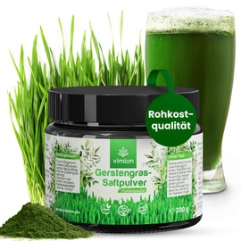 Vimion pures Gerstengras-Saftpulver in Premium-Rohkostqualität, natürlich reich an Eisen, Folsäure, Vitamin K und Chlorophyll, vegan, Green-Superfood, als Pulver im Glas, Gerstengrassaftpulver (200 g)