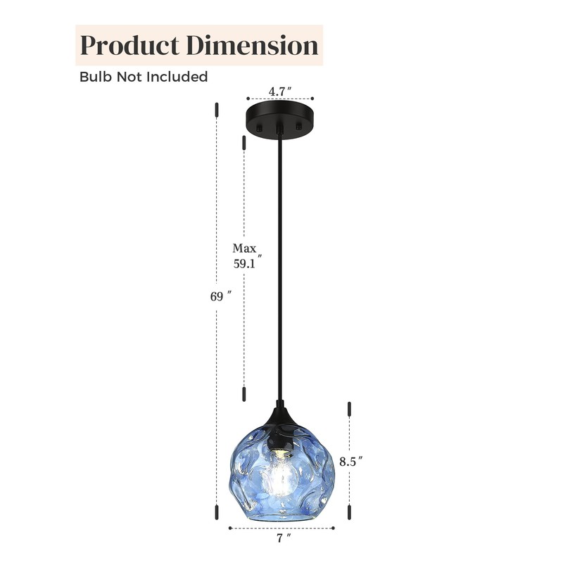 Emliviar 1-Light Pendant Lighting Hammered Glass, Modern Blue Ceiling Hanging
