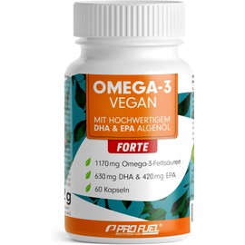 Omega-3 Vegan Forte - 60 Capsules - 2000 mg Algae Oil per Day - High Dose with 630 mg DHA + 420 mg EPA - Vegan Omega-3 Algae Oil Capsules - DHA:EPA Ratio 3:2 - Laboratory Tested with Analysis