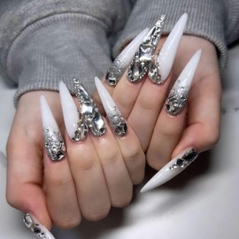 SINHOT Stiletto Press on Nails Long Fake Nails Luxury Rhinestones Acrylic Nails Glossy Glue on Nails White Almond Artificial Nails Stick on False Nails with Design 24 pcs