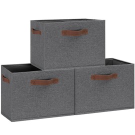 GhvyenntteS Large Fabric Storage Bins with 3 Handles, 15x11x9.6 Inch Storage Baskets for Shelves, Foldable Closet Storage Bins for Shelves, Closet Organizers and Storage Boxes, Gray