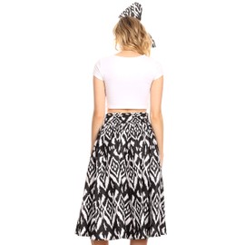 Sakkas 19421 - AMA Women's Vintage Circle African Ankara Print Midi Skirt with Pockets - 111-Black/white - OS