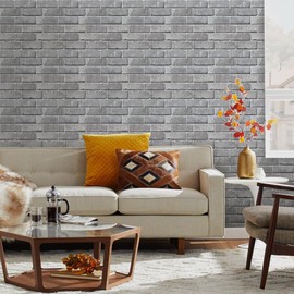 COMSTICKC 3D Gray Brick Wall Panel, Peel and Stick Brick Tiles, 10 Pcs of 12"X12", Small Size Thin PVC Faux Brick Self Adhesive Brick Wall Covering Fake Brick Paneling Background Interior Wall Decor