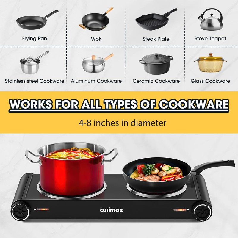 CUSIMAX Hot Plate,Portable Electric Stove Top Burner,1800W Double Infrared Cooktop