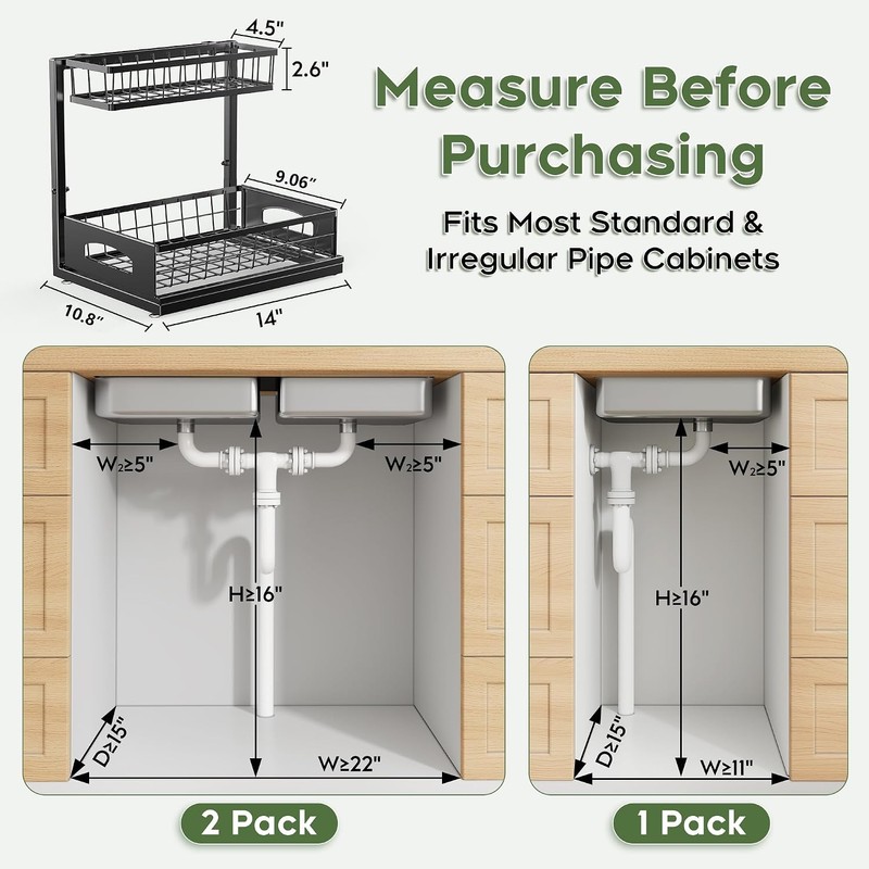 Under Sink Organizer, 2 Pack Cabinet Organizer for Kitchen, Height