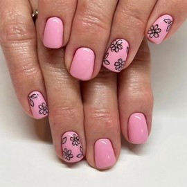 Press On Nails Short Square Fake Nails Flower Stick On Nails Pink Glue On Nails Glossy Shiny Artificial Nails Full Cover Acrylic Nail Kit For Women Girl 24pcs