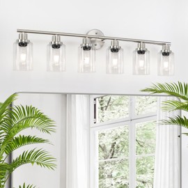 Guliaofo 6-Light Brushed Nickel Bathroom Light Fixture, Vanity Lights with Clear Glass Shade, Bathroom Lighting Fixture Over Mirror, Nickel Bathroom Wall Light Fixtures for Vanity Mirror Bedroom
