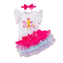 Magic Park 9-12M - Conjunto de traje de bebé para niña de primer cumpleaños con diadema, My 1st Body Falda Rosa Oscuro, 9-12 meses