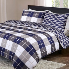 Imperial Rooms Double Duvet Cover Reversible Bedding Set (200 x 200 Cm) - 3 Piece Soft Brushed Microfiber Printed Quilt Cover with Pillowcases (Navy Check)