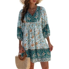 Qearal Bohemian Dress for Women Casual 3/4 Sleeve Floral Print Summer Beach Short Dress Blue L