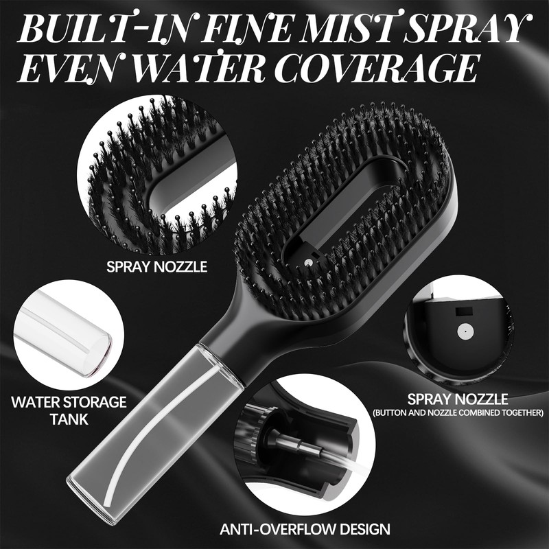 Manual Curl Refresh Misting Hair Brush with Refillable Reservoir, Black