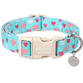 DOGWONG Valentine's Dog Collar - Blue Heart Adjustable Cotton Heart Dog Collar - Perfect for Small, Medium, Large Dogs