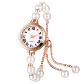 JewelryWe Women's Quartz Analog Round Small Rose Gold Waterproof Stainless Steel Bracelet Wristwatch for Daily Use, Beads - Rose Gold - Roman Numbers & Round, Vintage