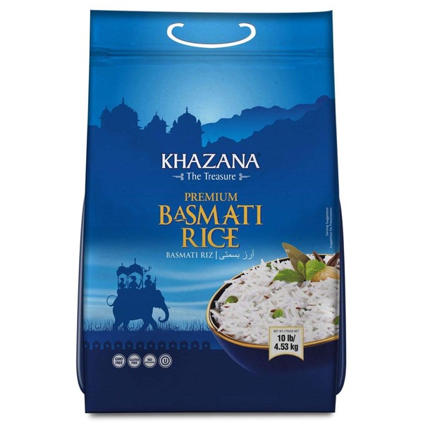 Khazana Premium Basmati Rice - 10lb Resealable Ziploc Bag | Aged Aromatic, Flavorful, Authentic Grain From India | GMO-Free, Gluten Free, Cholesterol Free & Kosher