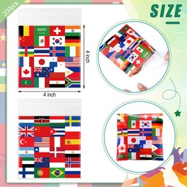 Supervitae 200 Pcs Flags of All Nations Cellophane Cookie Bags Bulk 4 x 4 Inch Cellophane Bags Self Adhesive Clear Treat Goodie Gift for International World Party Supply Snacks Bakery Cookie Packaging