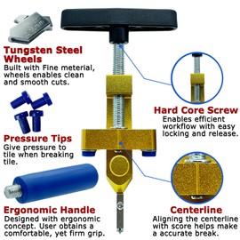 Glass Cutter Hand Tool, Manual Tile Cutter, 2 in 1 Glass Cutting Tool with Glass Breaking Pliers, DIY Tool Kit, 3 Tungsten Steel Blades, 4 Tips, 1 Screwdriver, Golden