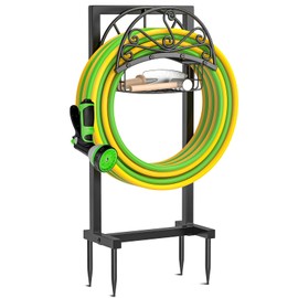 TUSPEU Garden Hose Holder,Heavy Duty Freestanding Detachable Storage Reel Stand,Upgraded 4 Spikes Hose Hanger for Outside Yard Lawn (Floral with Storage Basket)