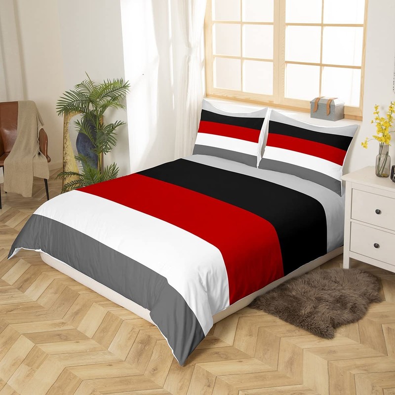 Red Black Stripes Single Comforter Cover Patchwork Geometric Striped Bedding