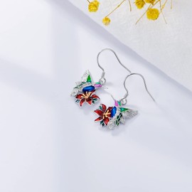 PEIMKO Hummingbird Dangle Earrings Sterling Silver Cute Animal Hummingbird Drop Earrings with Flower Bird Earrings for Women