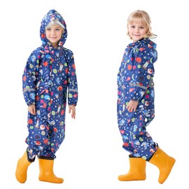 Dioshark Waterproof Rainsuit Boy Blue Puddle Suit All in One Rain Muddy Suit Hooded Breathable Lightweight Quick Dry Overalls Raincoat with Reflective Stripes and Hat for Kids 4-6 Years, Planets
