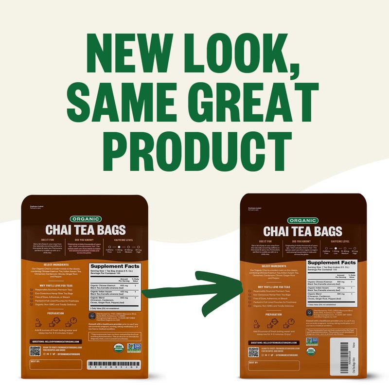 FGO Organic Chai Tea, 100 Count, Eco-Conscious Tea Bags, Resealable