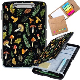 DEGDFSGR Plastic Clipboard with Storage & Sticky Notes, Large Capacity Clipboard with Pen Holder Cute Clip Board Writing Board Nursing Clipboard Folio Black Clipboard Folder, Leaves and Mushroom