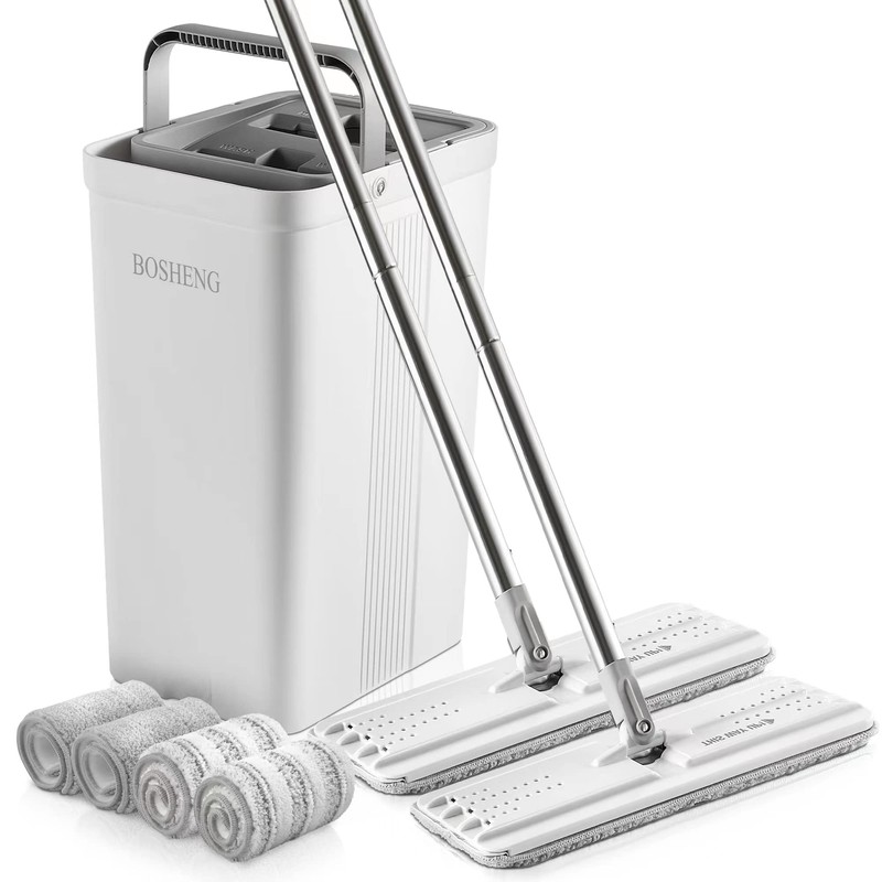 BOSHENG Mop and Bucket with Wringer Set, Flat Floor Mop