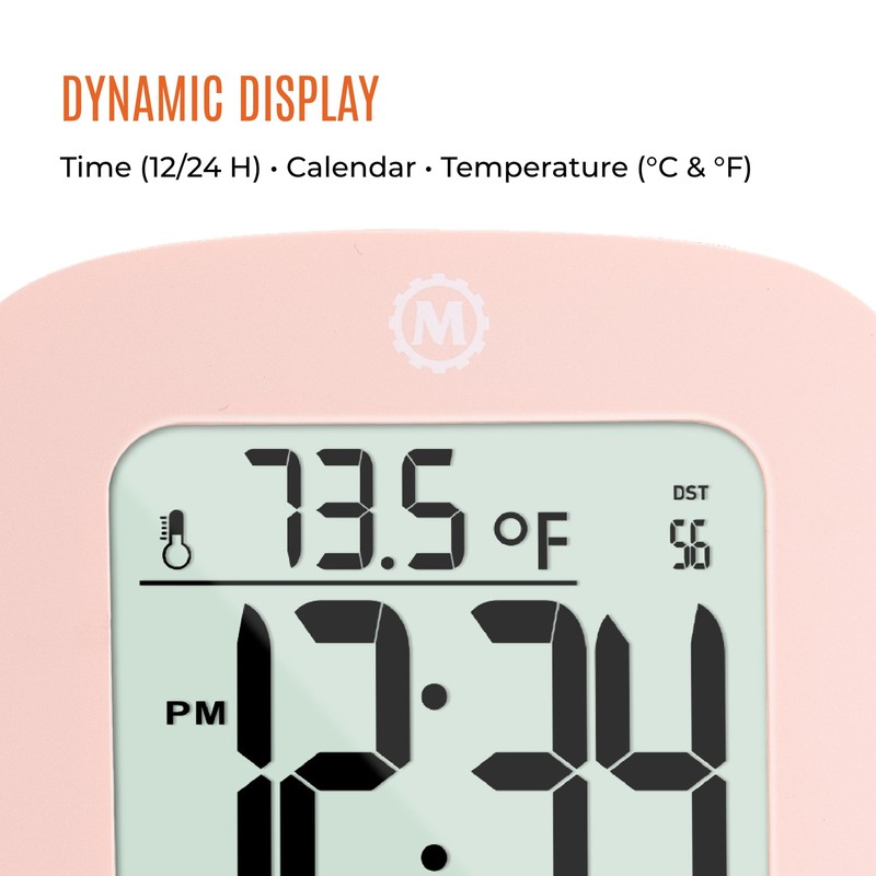MARATHON Compact Alarm Clock with Temperature & Date, Pink -