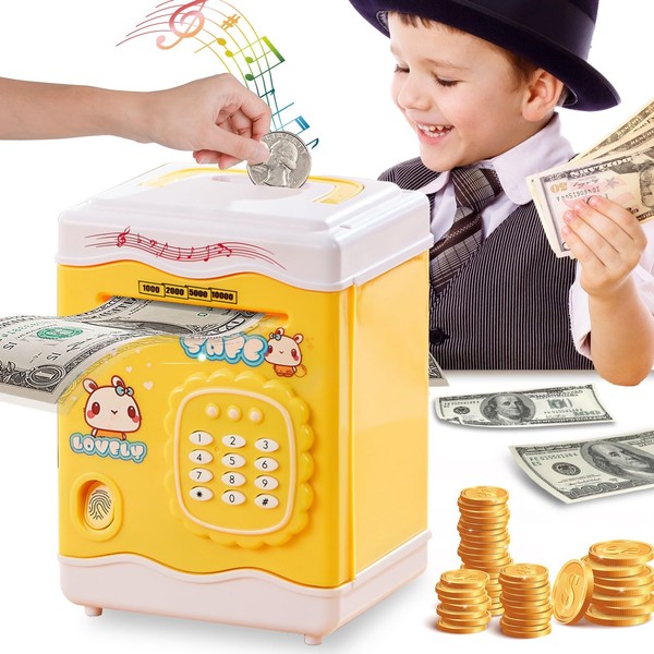 Piggy Bank Toy for Kids Boy Girl Age 3-9 Years Old Electronic ATM Coin Bank with Safe Password Kid Safe Bank Toy Money Saving Box Christmas Birthday Gift Toys for 3 4 5 6 7 Years Old Boys Girls-Yellow