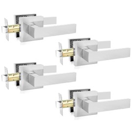 Passage Door Levers, 4 Pack Satin Nickel Heavy-Duty Door Handles, Square Non-Locking Door Knobs, Right and Left Handed for Closets, Hallways and Conference Rooms