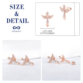 INFINIONLY Necklace and Earrings studs for women girl, 925 silver Jewelry Sets, Cross and wings necklace earring, cross necklace pendant, cross earring stud, Inlaid Zircon, rose gold