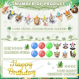 Bluegogo Safari Animals Birthday Party Banner with 10 Style Banners, 6 Animal Emoji Hanging Swirls, Perfect for Jungle, Animals Themed Parties