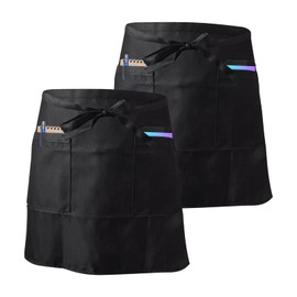 Black Half Apron 2 Pack Waist Apron, Waterproof Half Apron, Waiter Waist Apron With 2 Pockets, Anti-Dirt Waitress Serving Apron, Gardening Half Aprons, For Cooking, Cleaning, Painting,Gardening,Bistro