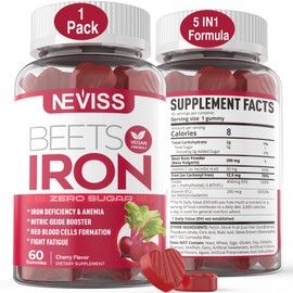 Beet Root Gummies with Iron, Methyl B12, Folate, Vitamin C - Increase Nitric Oxide & Iron Levels, Energy Support, Fight Fatigue, Beetroot & Gentle Iron Supplement, Sugar Free, 60 Counts