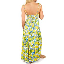 Women’s Resort Maxi Dress, Organic Rayon Tiered Design with Smocked Back, Adjustable Tie Straps, Flowy Lightweight Fit, Ethically Made in Bali, Perfect for Vacations and Summer Events Yellow Multi