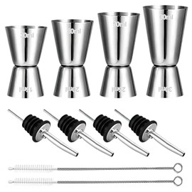 Set of 4 Cocktail Measuring Cups Stainless Steel Bar Measure 3 cl / 4 cl / 5 cl / 6 cl Small Jigger with Inner Scale Dual Gin Measuring Cups with 4 Bottle Pourers & 2 Brushes Double Size for Bar Party