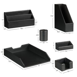 Ayunga PU Leather 6-piece Office Supplies Combination Set,Pencil Cup,Business Card Holder,Sticky Note Dispenser,Mail Sorter,Letter Tray,Files Holder,Suitable for Self-use and Friend Gifts(Black)