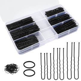 300Pcs U Shaped Hair Pins, 2.8IN 100Pcs, 2.4IN 100Pcs, 2IN 100Pcs Bobby Bun Pins for Women Kids Girls, with Storage Box 2Pcs Thick Seamless Hair Ties 50Pcs Elastic Hair Bands, for All Hair Types Black