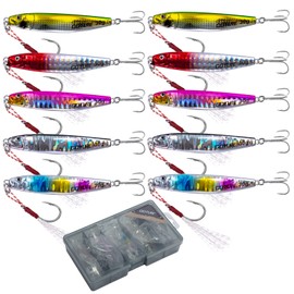 Goture Fishing Jigs, 30g 10Pcs Vertical Jig Saltwater Freshwater, Jig Fishing Lures with Assist Hook and Treble Hook, Fishing Jigging Spoon Lures with Tackle Box, Fishing Jig for Tuna, Salmon, Bass
