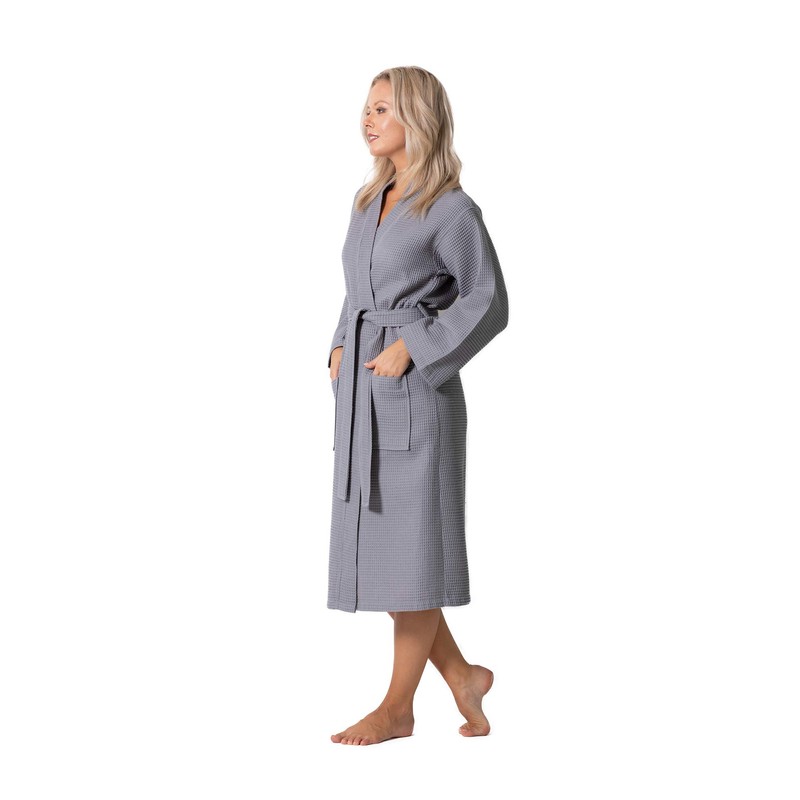 Premium Turkish Cotton Waffle Weave Lightweight Kimono Spa, Gray, Size