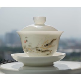 Liang baobao Ice Jade White Porcelain Gaiwan,5oz Teacup Suet-fat Jade Porcelain Chinese Tea Cup Set for Gongfu Tea (shrimp)