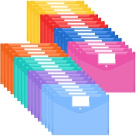 Smarpau 32PCS A4 Plastic Wallets, Clear Plastic File Folders Document Wallets A4 Envelope Folders with Label Pocket and Button for School, Home, Office, Travel Supply (8 Colors)