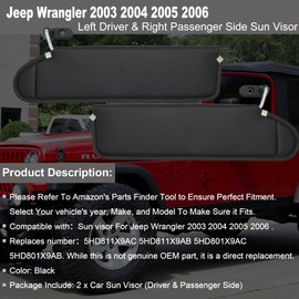 NHILES Driver & Passenger Side Sun Visor Fits for Jeep Wrangler 2003 2004 2005 2006 Replacement Sun Shade # 5HD811X9AC 5HD801X9AC (Black)