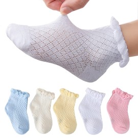 Looching Pack de 5 calcetines de malla finos para bebé y niña, de algodón, color blanco, para niños pequeños, Ruffles 5 Color, 1-3 Y